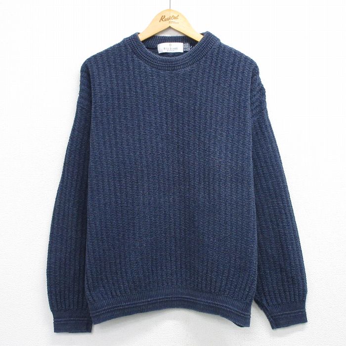 XL★古着 長袖 セーター メンズ 90年代 90s 無地 手織り 大きいサイズ クルーネック USA製 紺 霜降り 26mar19
