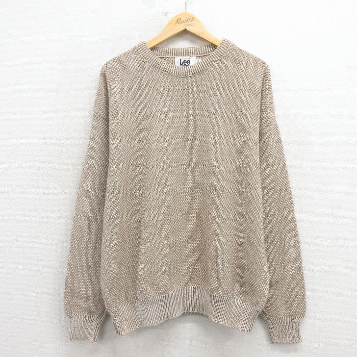 XL★古着 リー Lee 長袖 セーター メンズ 90年代 90s 無地 大きいサイズ コットン クルーネック USA製 ベージュ 霜降り 26mar23