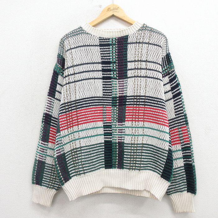 XL★古着 長袖 セーター メンズ 90年代 90s コットン クルーネック USA製 薄ベージュ他 26mar23