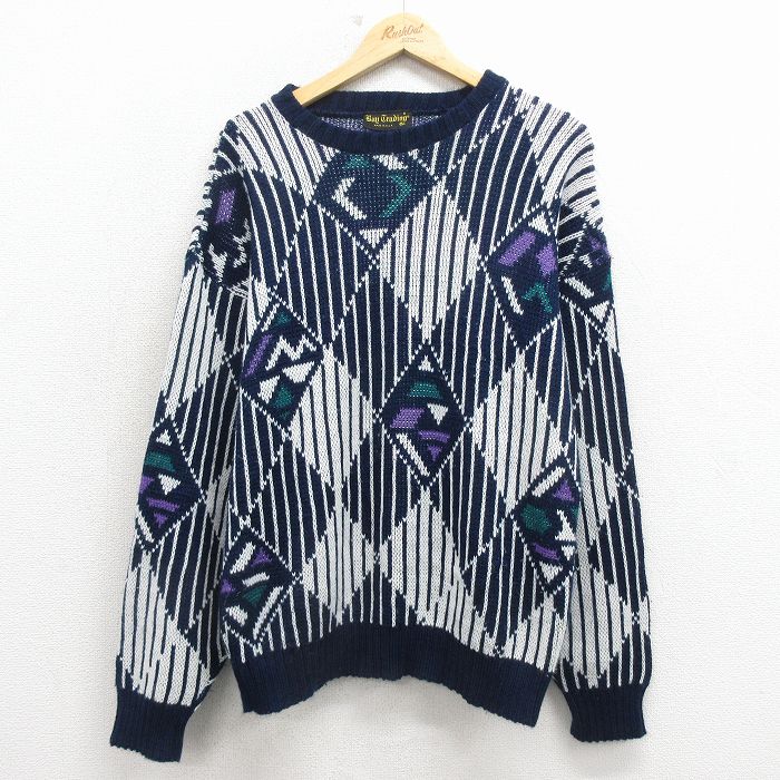 M★古着 長袖 セーター メンズ 90年代 90s アクリル クルーネック USA製 紺他 26mar23
