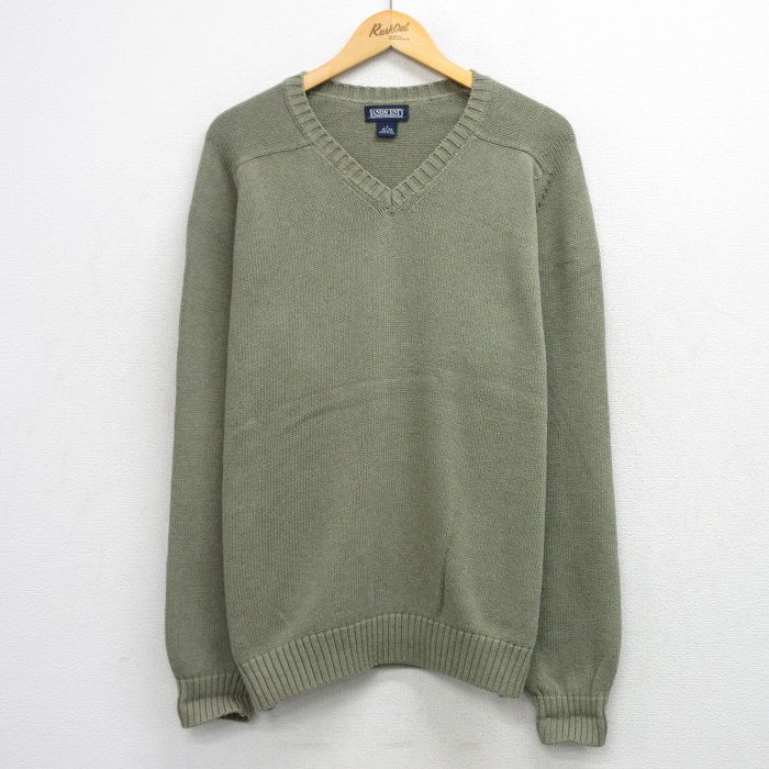 XL★古着 ランズエンド 長袖 セーター メンズ 90年代 90s 無地 コットン Vネック USA製 緑 26mar25