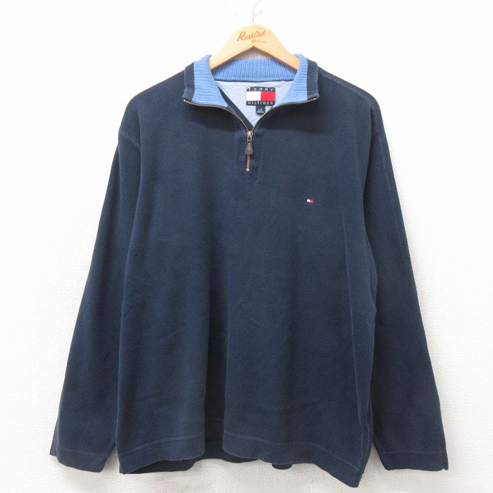 XL★古着 トミーヒルフィガー 長袖 ブランド ハーフジップ セーター メンズ 90年代 90s ワンポイントロゴ コットン 濃紺 26apr04