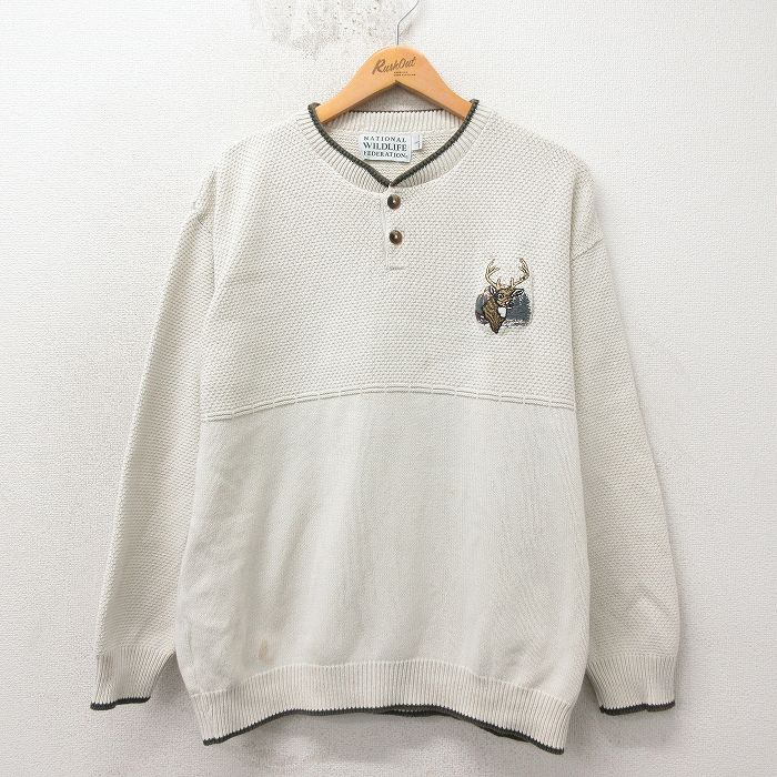 XL★古着 長袖 セーター メンズ 90年代 90s シカ コットン クルーネック USA製 生成り 26apr04