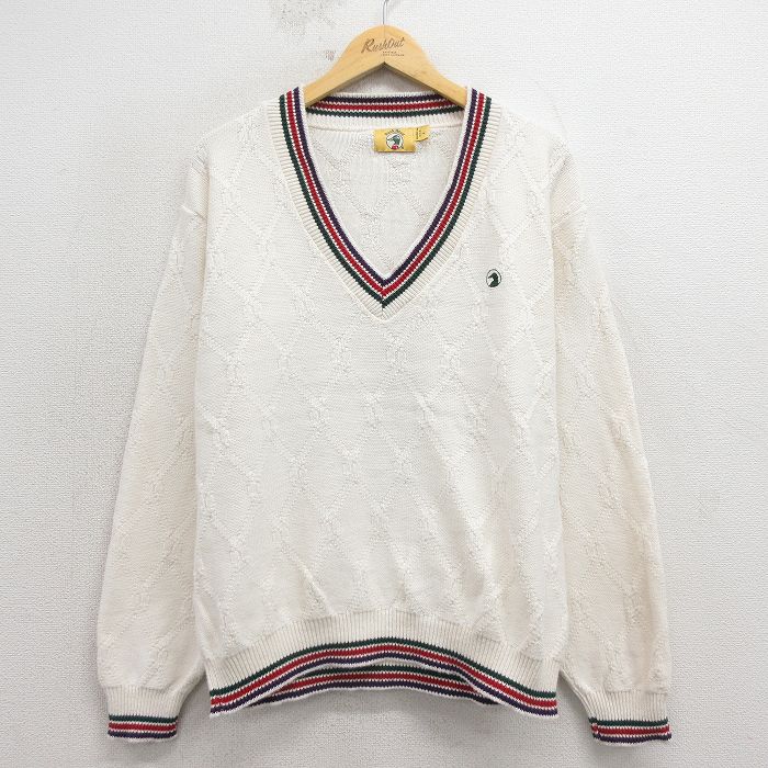 L★古着 ダックヘッド 長袖 セーター メンズ 90年代 90s ワンポイントロゴ コットン Vネック USA製 白 26apr09