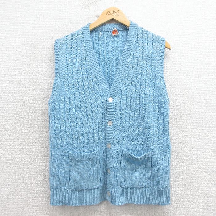 M★古着 ニット ベスト メンズ 80年代 80s 薄青 26apr09