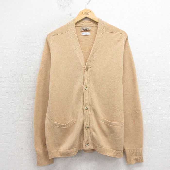 M★古着 長袖 ニット カーディガン メンズ 70年代 70s ラムウール ラグラン イングランド製 ベージュ 26apr11