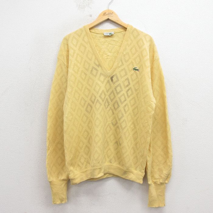 M★古着 シュミーズ ラコステ LACOSTE 長袖 ブランド セーター メンズ 80年代 80s ワンポイントロゴ ウール Vネック フランス製 黄 26apr11
