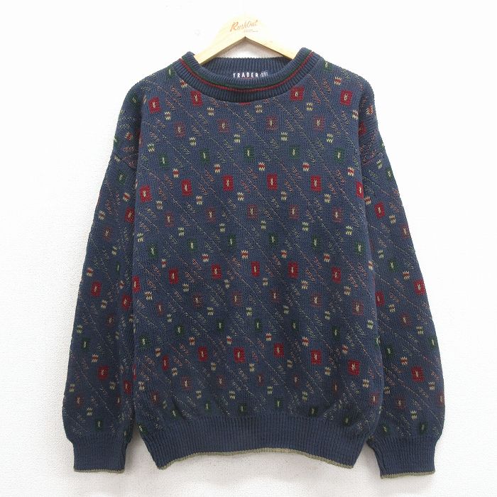 L★古着 TRADER BAY 長袖 セーター メンズ 90年代 90s 手織り クルーネック USA製 紺他 26apr11