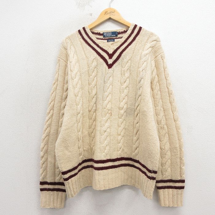 XL★古着 ラルフローレン 長袖 ブランド ケーブル セーター メンズ 90年代 90s 手編み ハンドニット ウール ヒジ当て Vネック 生成り 26apr11