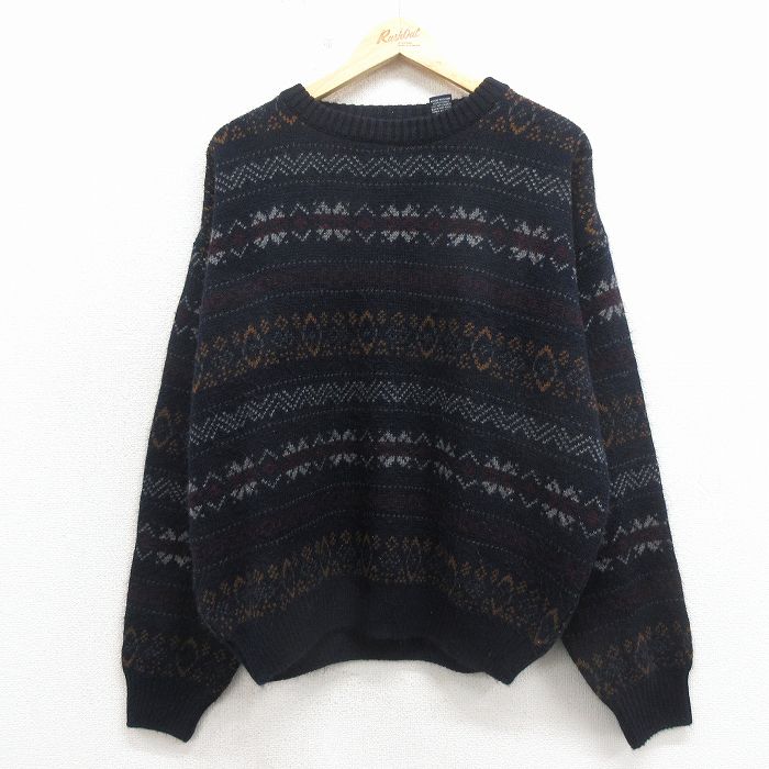 XL★古着 バンヒューセン 長袖 セーター メンズ アクリル クルーネック 濃紺他 26apr15