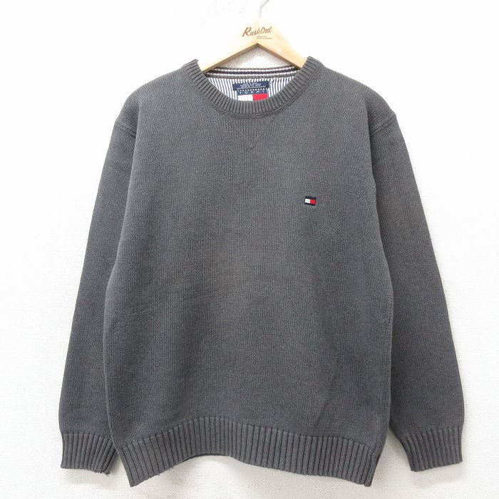 M★古着 トミーヒルフィガー 長袖 ブランド セーター メンズ 90年代 90s ワンポイントロゴ コットン クルーネック 濃グレー 26apr23