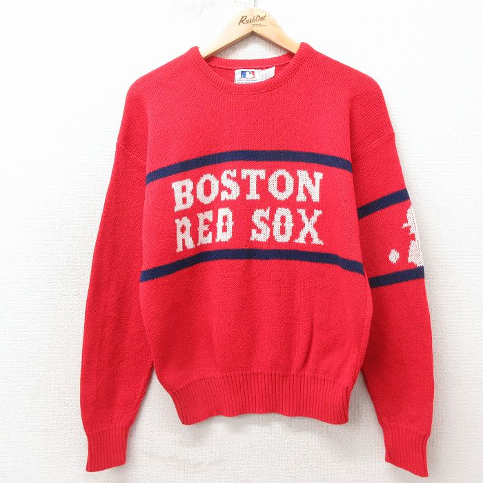 M★古着 長袖 セーター メンズ 80年代 80s MLB ボストンレッドソックス アクリル クルーネック USA製 赤他 メジャーリーグ ベースボール 野球【spe】 26apr23