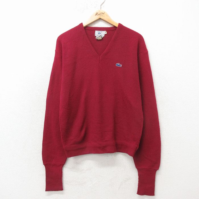 L★古着 ラコステ LACOSTE IZOD 長袖 ブランド セーター メンズ 90年代 90s ワンポイントロゴ アクリル Vネック エンジ 26apr23