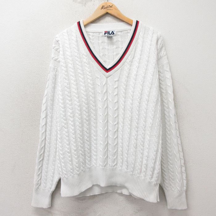XL★古着 フィラ FILA 長袖 ケーブル セーター メンズ 00年代 00s コットン Vネック 白他 26apr23