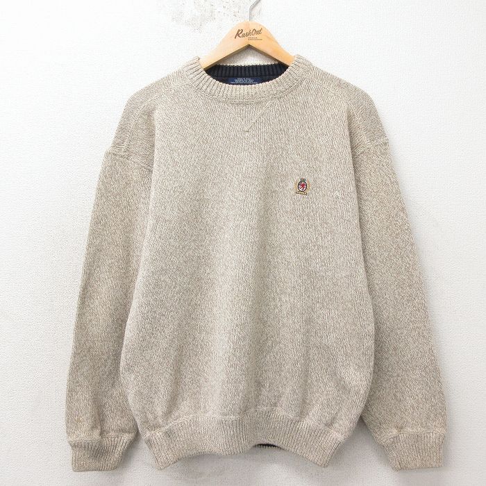 L★古着 トミーヒルフィガー 長袖 ブランド セーター メンズ 90年代 90s ワンポイントロゴ コットン クルーネック ベージュ 霜降り 26apr23