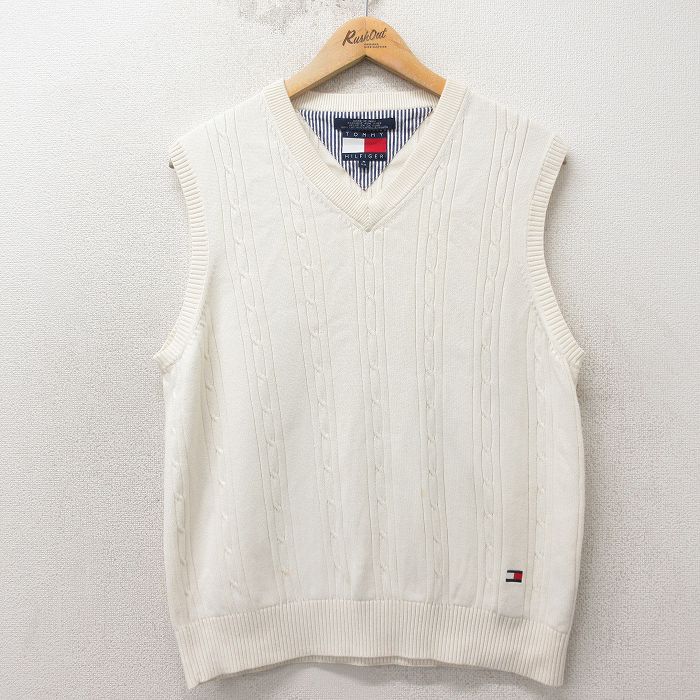 S★古着 トミーヒルフィガー ケーブル ニット ベスト メンズ 90年代 90s コットン Vネック 生成り 26apr23