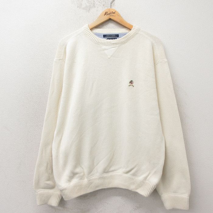 L★古着 トミーヒルフィガー 長袖 ブランド セーター メンズ 90年代 90s ワンポイントロゴ コットン クルーネック 白 26apr23