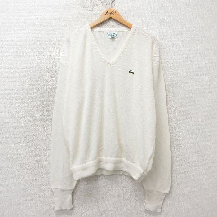 XL★古着 ラコステ LACOSTE IZOD 長袖 ブランド セーター メンズ 90年代 90s ワンポイントロゴ 大きいサイズ アクリル Vネック 白 26apr23