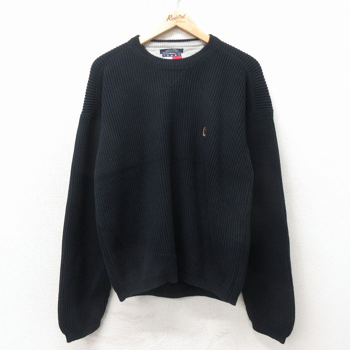 L★古着 トミーヒルフィガー 長袖 ブランド セーター メンズ 90年代 90s ワンポイントロゴ コットン クルーネック 黒 26apr23