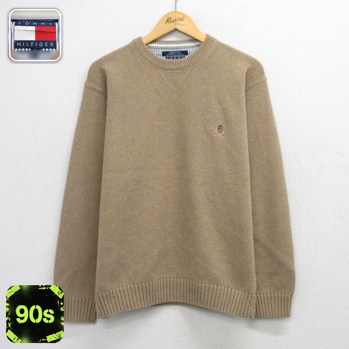トミーヒルフィガー 90s 長袖セーター ワンポイントロゴ ベージュ メンズL相当 | 古着