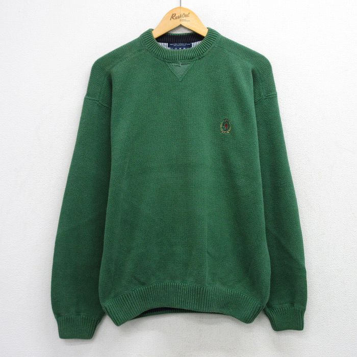 L★古着 トミーヒルフィガー 長袖 ブランド セーター メンズ 90年代 90s ワンポイントロゴ コットン クルーネック 緑 26apr25