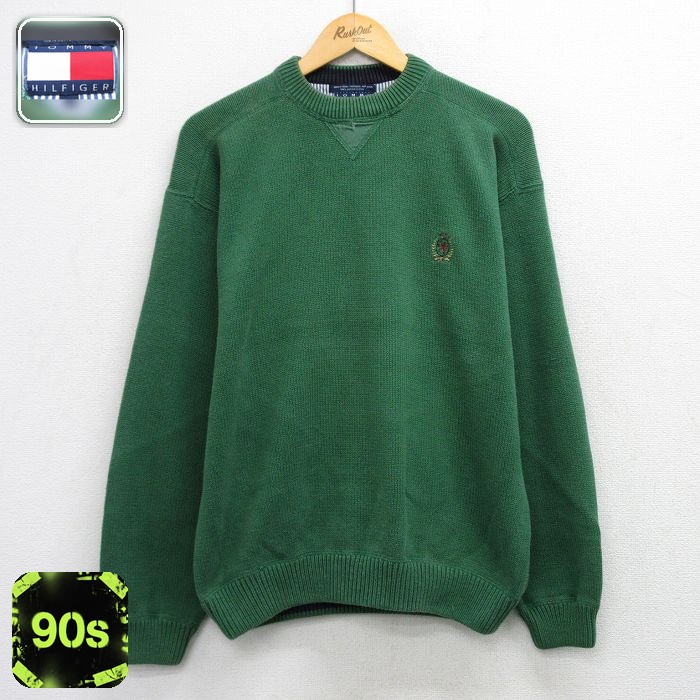 トミーヒルフィガー 90s 長袖セーター ワンポイントロゴ グリーン メンズL相当 | 古着