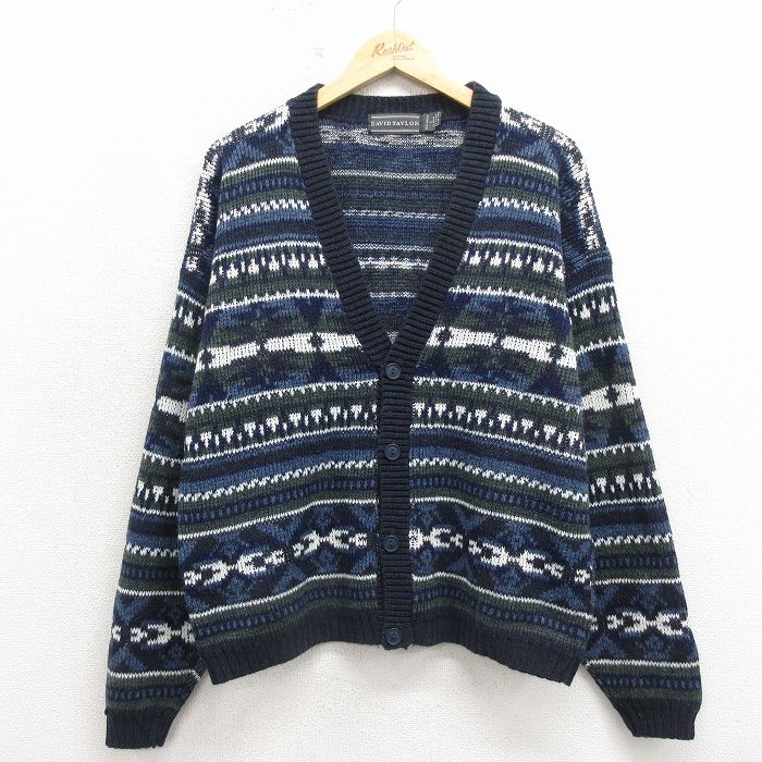 XL★古着 長袖 ニット カーディガン メンズ 90年代 90s ネイティブ柄 ラグ柄 アクリル USA製 紺他 ストライプ 26apr25