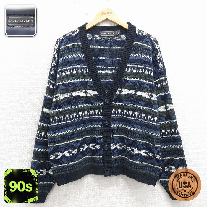 【20%OFF】ニット カーディガン 90s ネイティブ柄 ネイビー メンズXL相当 | 古着