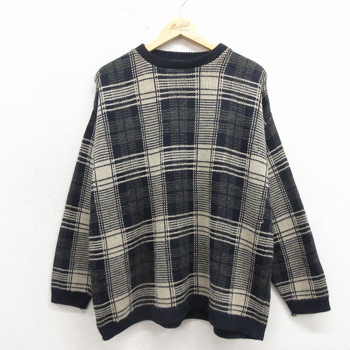XL★古着 長袖 セーター メンズ 90年代 90s クルーネック USA製 濃紺他 チェック 26apr25