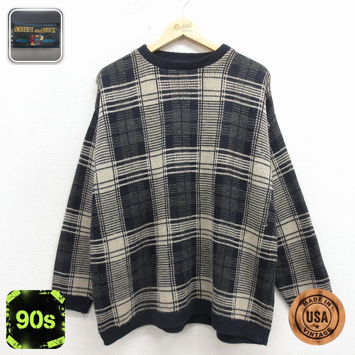 【20%OFF】90s 長袖セーター チェック ネイビー メンズXL相当 | 古着