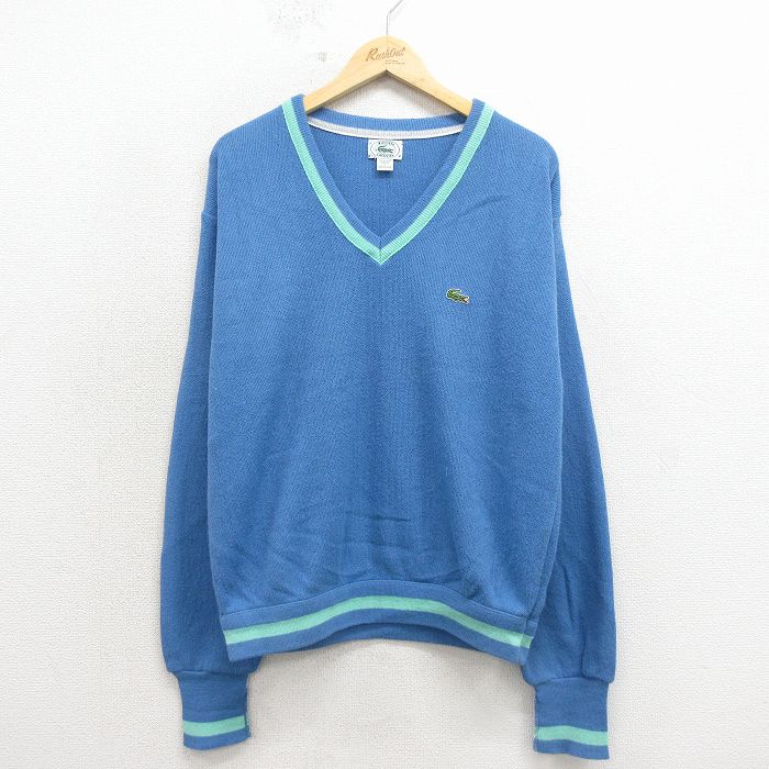 L★古着 ラコステ LACOSTE IZOD 長袖 ブランド セーター メンズ 90年代 90s ワンポイントロゴ アクリル Vネック USA製 薄紺【spe】 26apr25