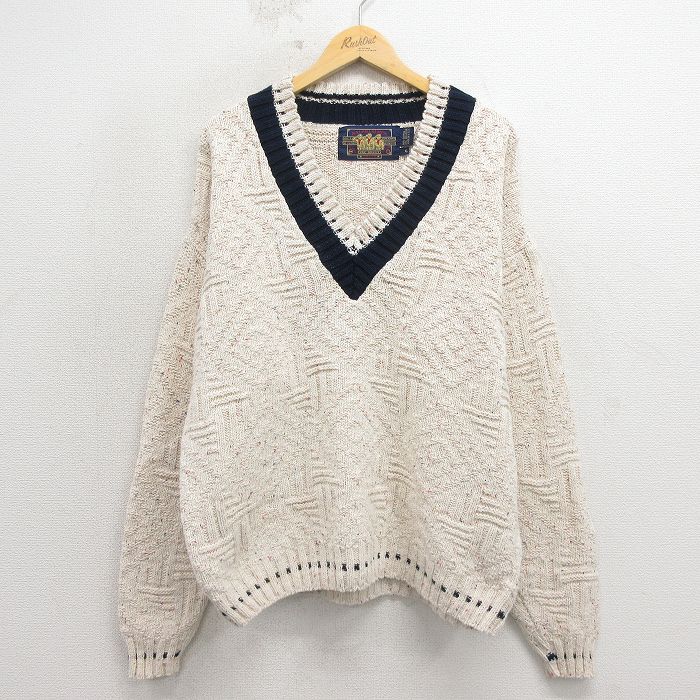 XL★古着 ラルフローレン チャップス 長袖 ブランド チルデン セーター メンズ 80年代 80s Vネック USA製 生成り 霜降り【spe】 26apr27