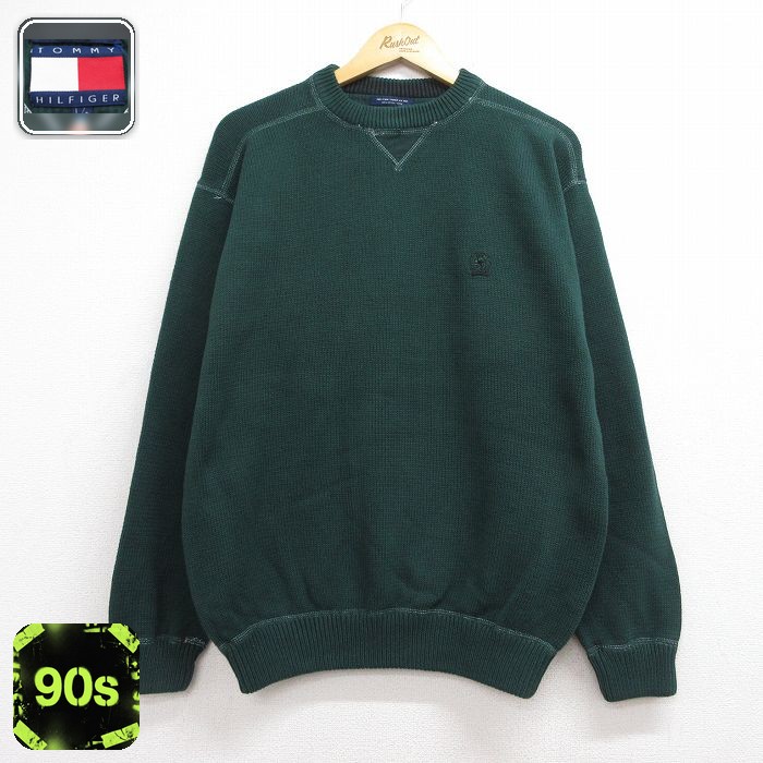 トミーヒルフィガー 90s 長袖セーター ワンポイントロゴ グリーン メンズL相当 | 古着