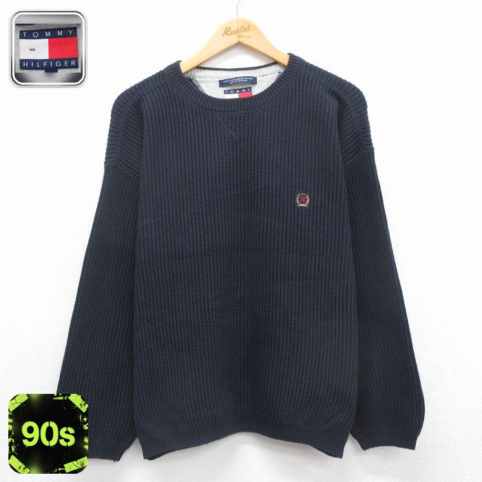 トミーヒルフィガー 90s 長袖セーター ワンポイントロゴ ネイビー メンズL相当 | 古着