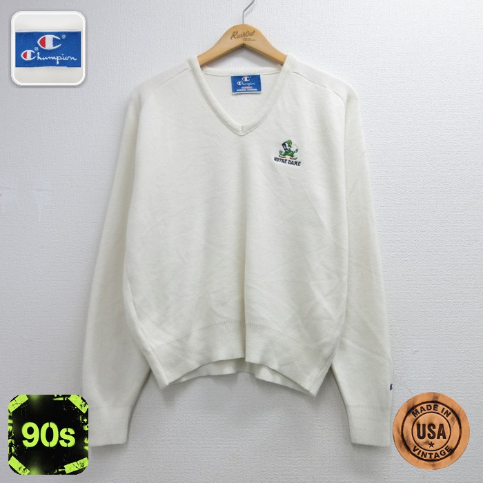 チャンピオン 90s 長袖セーター ノートルダム刺繍ロゴ ホワイト メンズL相当 | 古着