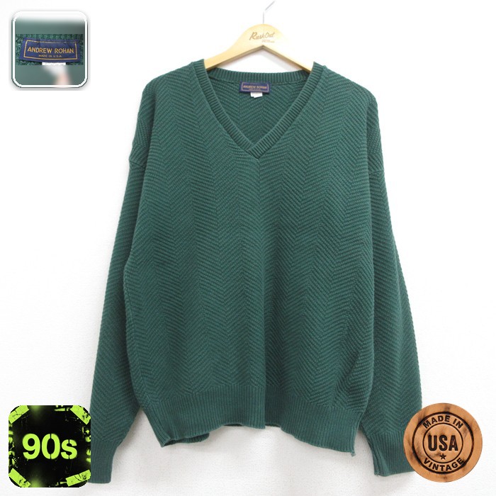 ANDREW ROHAN 長袖 セーター 90s ヘリンボーン コットン Vネック USA製 グリーン メンズL相当 | 古着