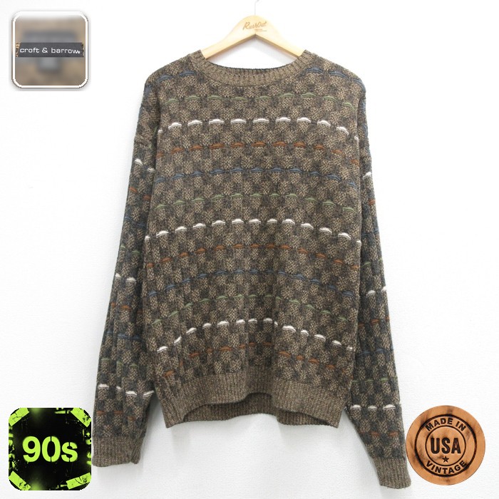 croft & barrow 長袖 セーター 90s コットンニット マルチカラー クルーネック 総柄 USA製 ブラウン メンズL相当 | 古着