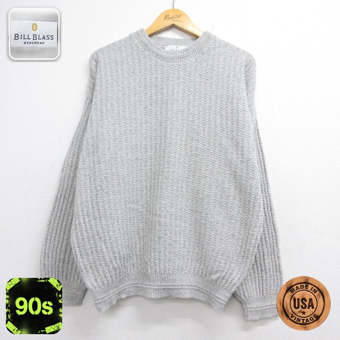 Bill Blass 長袖 セーター 90s リブニット コットン クルーネック 霜降り USA製 グレー メンズXL相当 | 古着