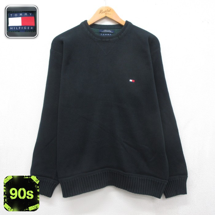 トミーヒルフィガー 90s 長袖セーター ワンポイントロゴ グリーン メンズL相当 | 古着