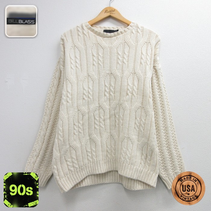 BILL BLASS 長袖 セーター 90s ケーブル ニット コットン クルーネック USA製 ホワイト メンズXL相当 | 古着