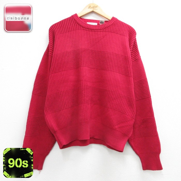 claiborne 長袖 セーター 90s コットン クルーネック レッド ボーダー メンズXL相当 | 古着
