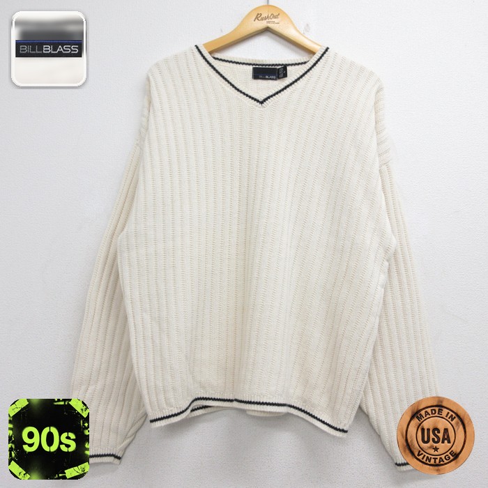 BILL BLASS 長袖 セーター 90s コットンニット Vネック 生成り USA製 メンズXL相当 | 古着
