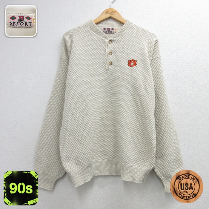90s 長袖セーター ヘンリーネック ベージュ メンズL相当 | 古着