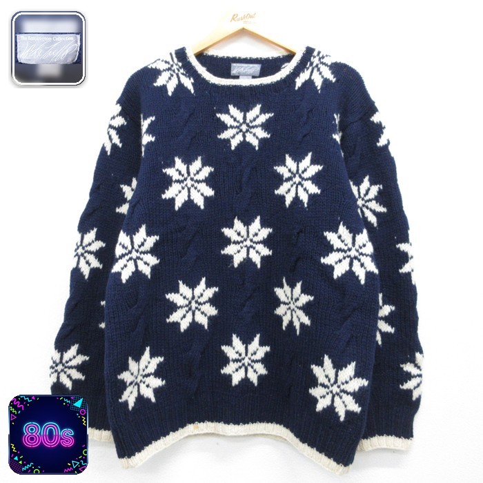 Kensington 長袖 セーター 90s ノルディック 雪柄 シェットランドウール クルーネック 総柄 ネイビー メンズL相当 | 古着