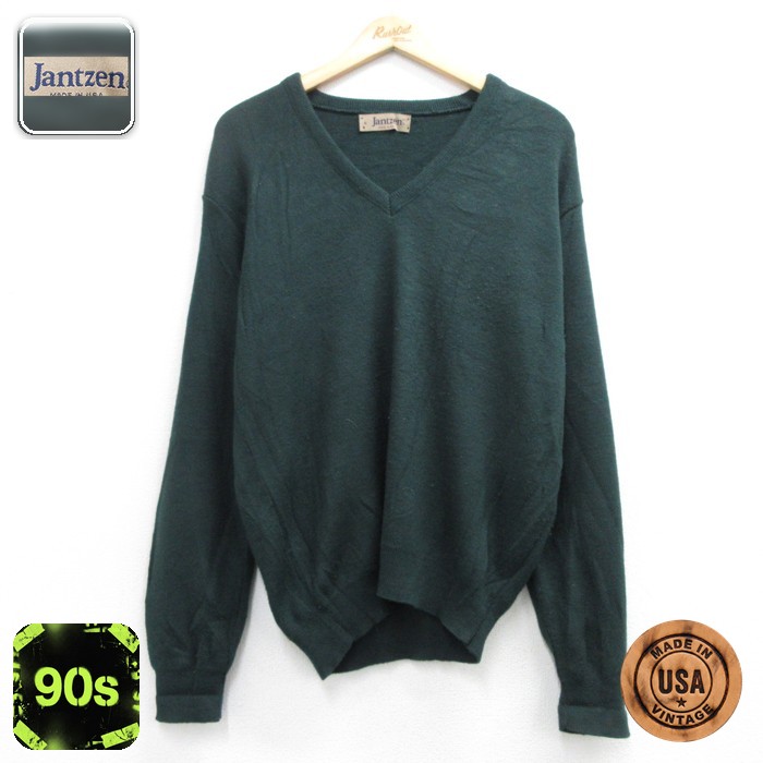 Jantzen 長袖 セーター 90s 無地 Vネック USA製 グリーン メンズL相当 | 古着