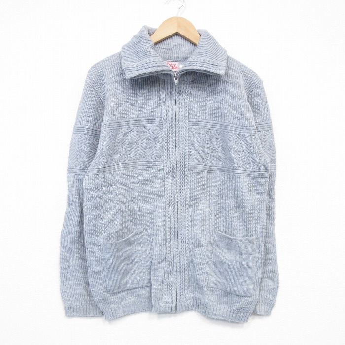 M★古着 長袖 フルジップ ニット カーディガン メンズ 90年代 90s コットン USA製 薄グレー 霜降り 26jan23