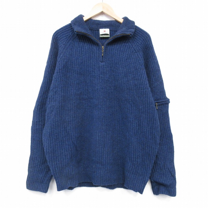 XL★古着 長袖 ハーフジップ セーター メンズ ウール 紺 霜降り 26jan23