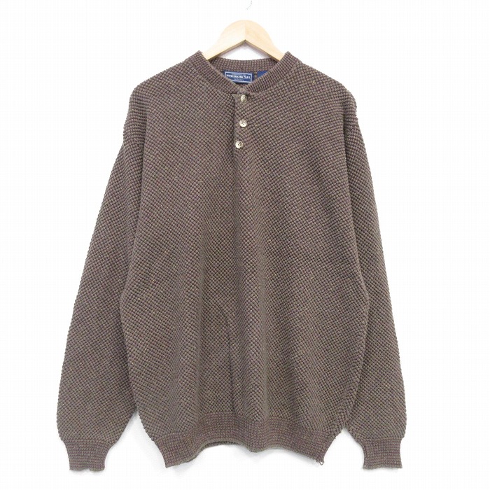 XL★古着 長袖 セーター メンズ 00年代 00s 無地 ヘンリーネック USA製 茶 26jan23