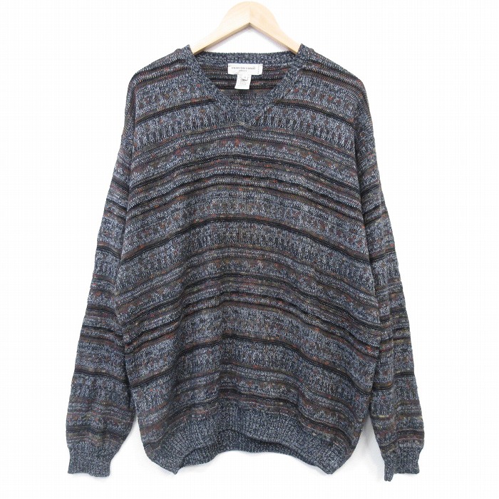 XL★古着 長袖 セーター メンズ 大きいサイズ Vネック イタリア製 濃グレー他 ボーダー 26jan23
