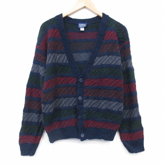 M★古着 長袖 ニット カーディガン メンズ 90年代 90s アクリル USA製 紺他 ボーダー【spe】 26jan23